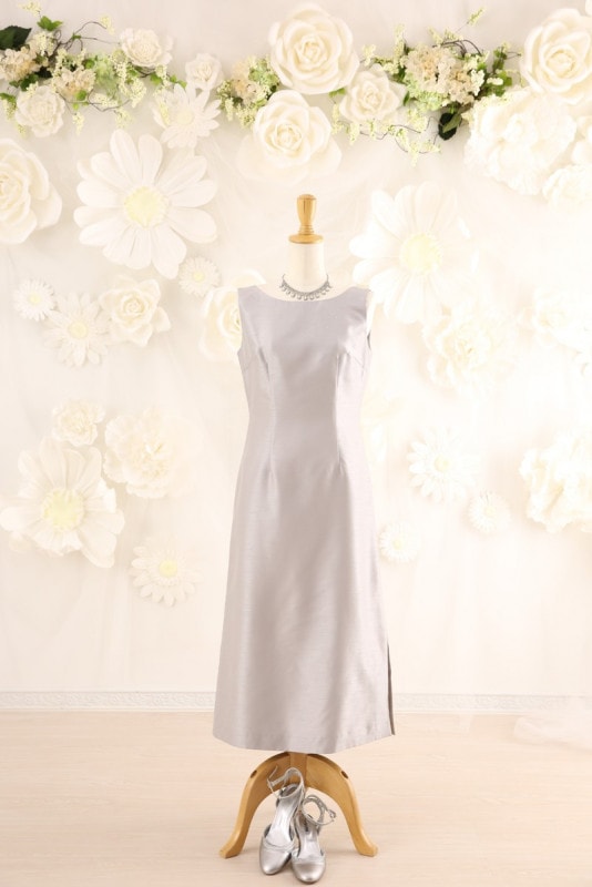 【結婚式パーティーお呼ばれドレスレンタル】結婚式/謝恩会/二次会/シルバー/シンプル/9号/02-127