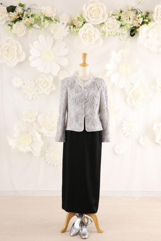 【結婚式パーティーお呼ばれドレスレンタル】結婚式/謝恩会/二次会/シルバー/レース/9号/02-139