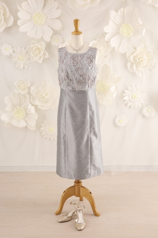 【結婚式パーティーお呼ばれドレスレンタル】結婚式/謝恩会/二次会/シルバー/レース/9号/02-140