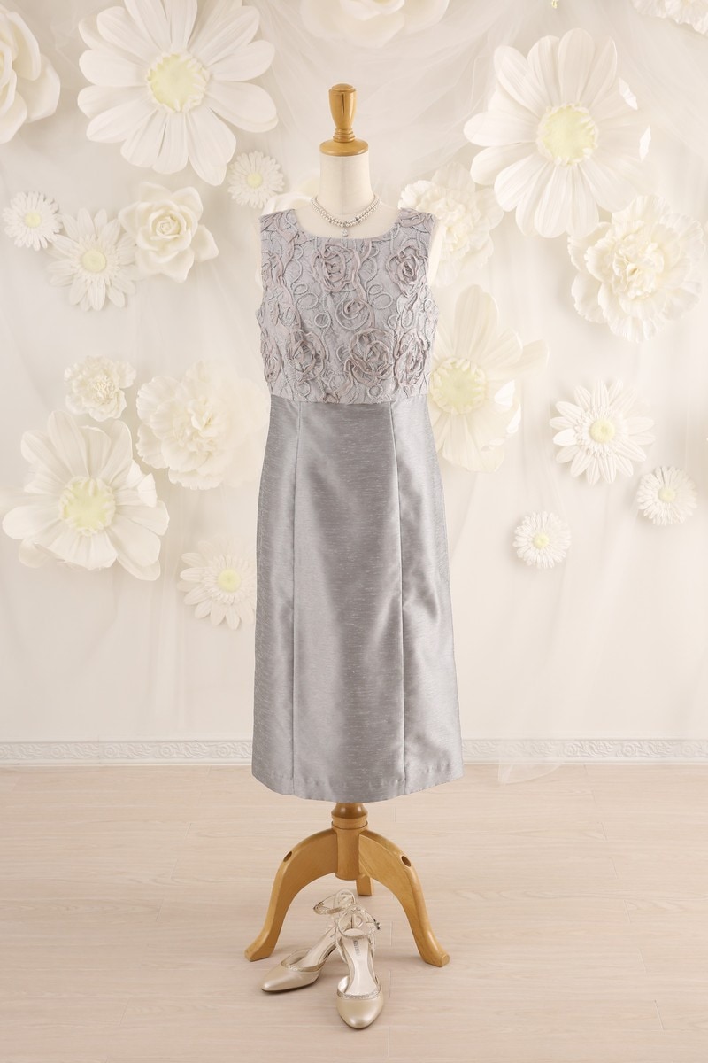 【結婚式パーティーお呼ばれドレスレンタル】結婚式/謝恩会/二次会/シルバー/レース/9号/02-140