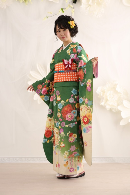 【振袖レンタル 成人式 結婚式 着物レンタル 前撮り】成人式/振袖/ベッキー/芸能人ブランド/白地グリーン/振袖-296