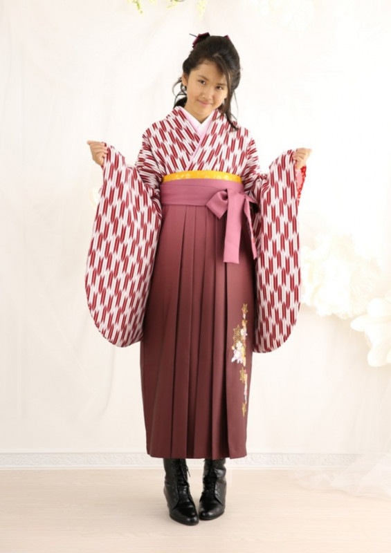 【卒業式袴レンタル/着物レンタル/通販レンタル】　学生袴/卒業式/小学生袴/かわいい袴/エンジ/ピンク/着物-337/袴-208