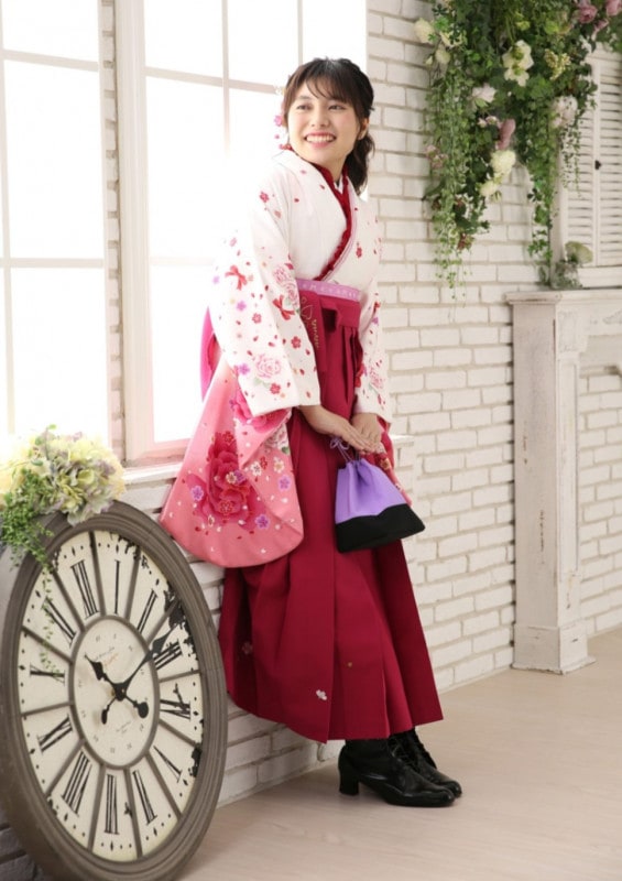 【卒業式袴レンタル/着物レンタル/通販レンタル】　先生袴/学生袴/卒業式/小学生袴/anan/かわいい/白色/ピンク/着物-252/袴-148