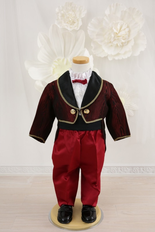 【結婚式パーティーお呼ばれ男の子フォーマル・男の子レンタル】結婚式/発表会/男の子タキシード/赤/ゴールド/2歳用/3歳用/J1-7（90）