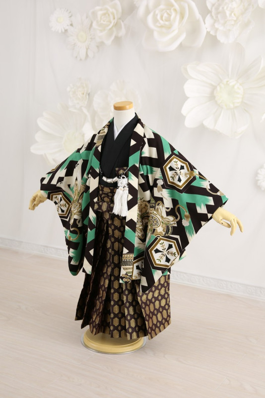 【七五三レンタル/着物セット/通販レンタル】ブランド/にこるん/黒/緑/３歳袴セット/七J3-18