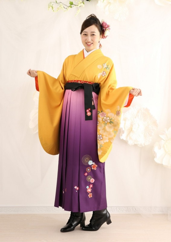 【卒業式袴レンタル/着物レンタル/通販レンタル】　学生袴/先生袴/卒業式/小学生袴/古典/黄色/紫/着物-66/袴-243