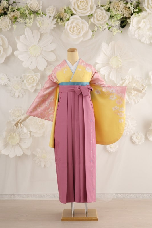 【卒業式袴レンタル/着物レンタル/通販レンタル】　大島優子ブランド　学生袴/先生袴/卒業式/小学生袴/かわいい袴/レトロ/黄/ピンク/着物-176/袴-205
