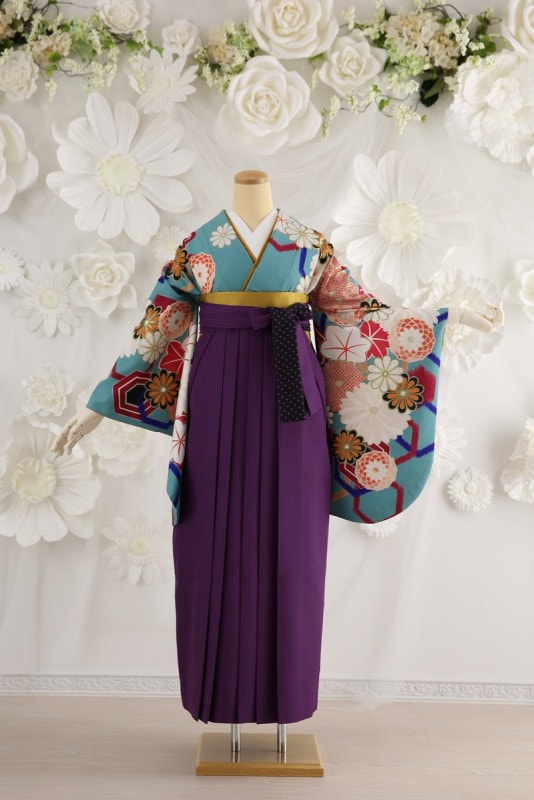【卒業式袴レンタル/着物レンタル/通販レンタル】　先生袴/学生袴/卒業式/小学生袴/モダン袴/水色/紫/着物-355/袴-180