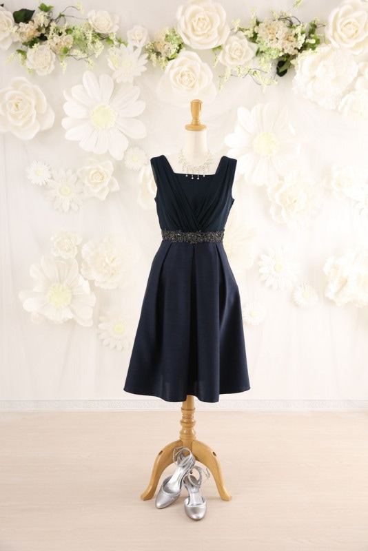 【結婚式パーティーお呼ばれドレスレンタル】結婚式/謝恩会/二次会/かわいい/ネイビー/13号/13-240/Merci