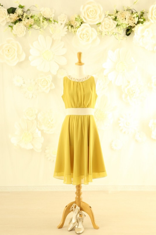 【結婚式パーティーお呼ばれドレスレンタル】結婚式/謝恩会/二次会/かわいい/イエロー/9号/14-121