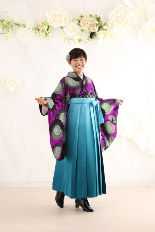 【卒業式袴レンタル/着物レンタル/通販レンタル】　ブランド　九重／学生袴/卒業式/小学生袴/かわいい袴/水色/紫/黒/着物-377/袴-76