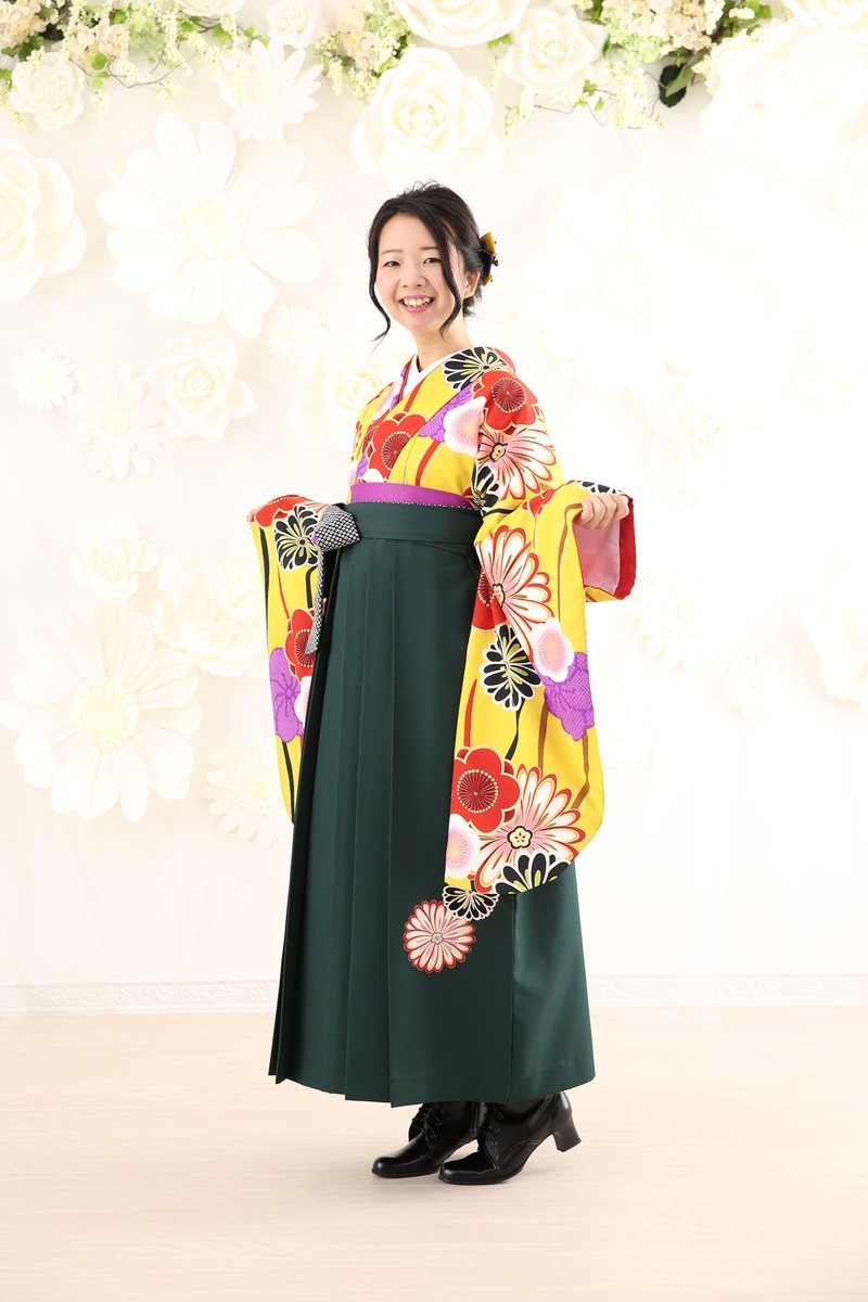 【卒業式袴レンタル/着物レンタル/通販レンタル】　kansai/学生袴/先生袴/卒業式/小学生袴/モダン/黄色/赤/緑/着物-387/袴-249