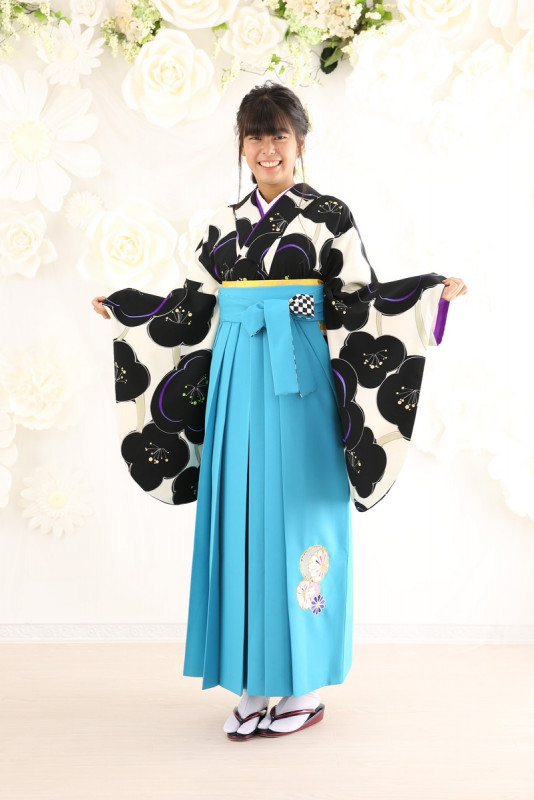 【卒業式袴レンタル/着物レンタル/通販レンタル】　emma×紅一点　JAPANSTYLE×中村里砂/学生袴/先生袴/卒業式/小学生袴/モダン/水色/白/着物-388/袴-242