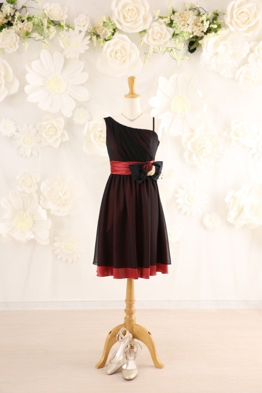 【結婚式パーティーお呼ばれドレスレンタル】結婚式/謝恩会/二次会/かわいい/ブラック/レッド/9号/01-365