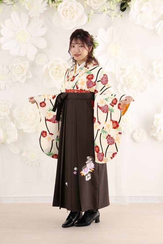 【卒業式袴レンタル/着物レンタル/通販レンタル】　学生袴/卒業式/小学生袴/レトロモダン/白/茶/着物-403/袴-258