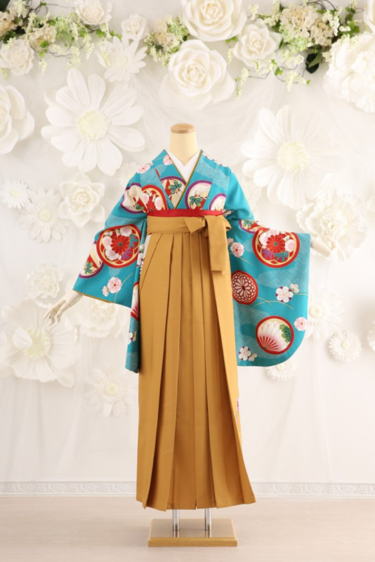 【卒業式袴レンタル/着物レンタル/通販レンタル】　学生袴/卒業式/小学生袴/かわいい袴/古典柄/ターコイズブルー/からし/着物-412/袴-266