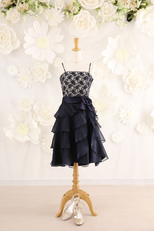 【結婚式パーティーお呼ばれドレスレンタル】結婚式/謝恩会/二次会/紺/かわいい/9号/06-142/Merci