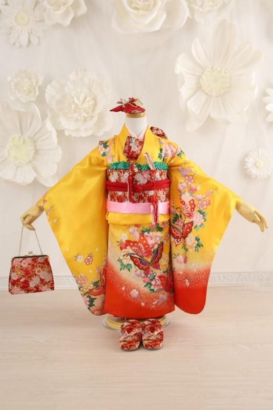 【七五三レンタル/着物セット/通販レンタル】黄色/３歳着物セット/七G3-2