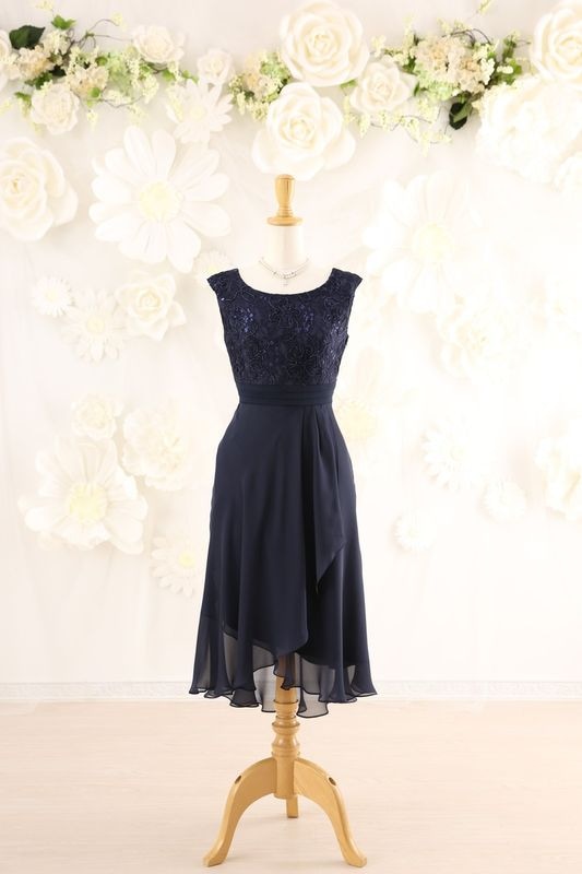 【結婚式パーティーお呼ばれドレスレンタル】結婚式/謝恩会/二次会/レース/紺/9号/06-176/Merci