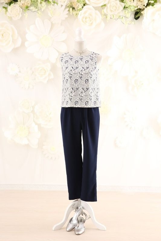 【結婚式パーティーお呼ばれドレスレンタル】結婚式/謝恩会/二次会/オールインワン/白ネイビー/06-187