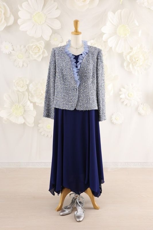 【結婚式パーティーお呼ばれドレスレンタル】結婚式/謝恩会/二次会/ブルー/ジャケット/08-156/17号/ワンピース/ネイビー/08-146/17号
