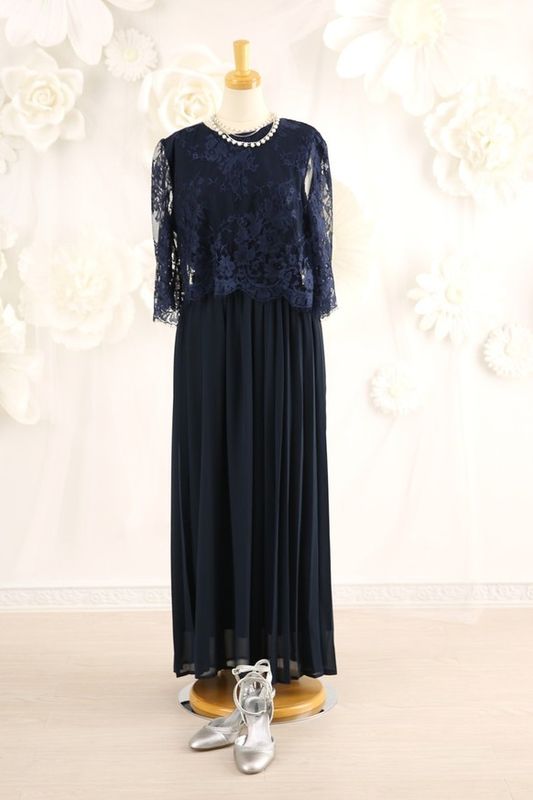 【結婚式パーティーお呼ばれドレスレンタル】結婚式/謝恩会/二次会/レース/ネイビー/9号/06-203/Merci