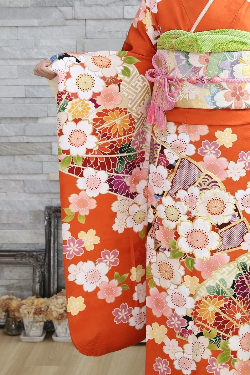 オレンジ 花柄 袋帯 #振袖#着物#袋帯#成人式#帯