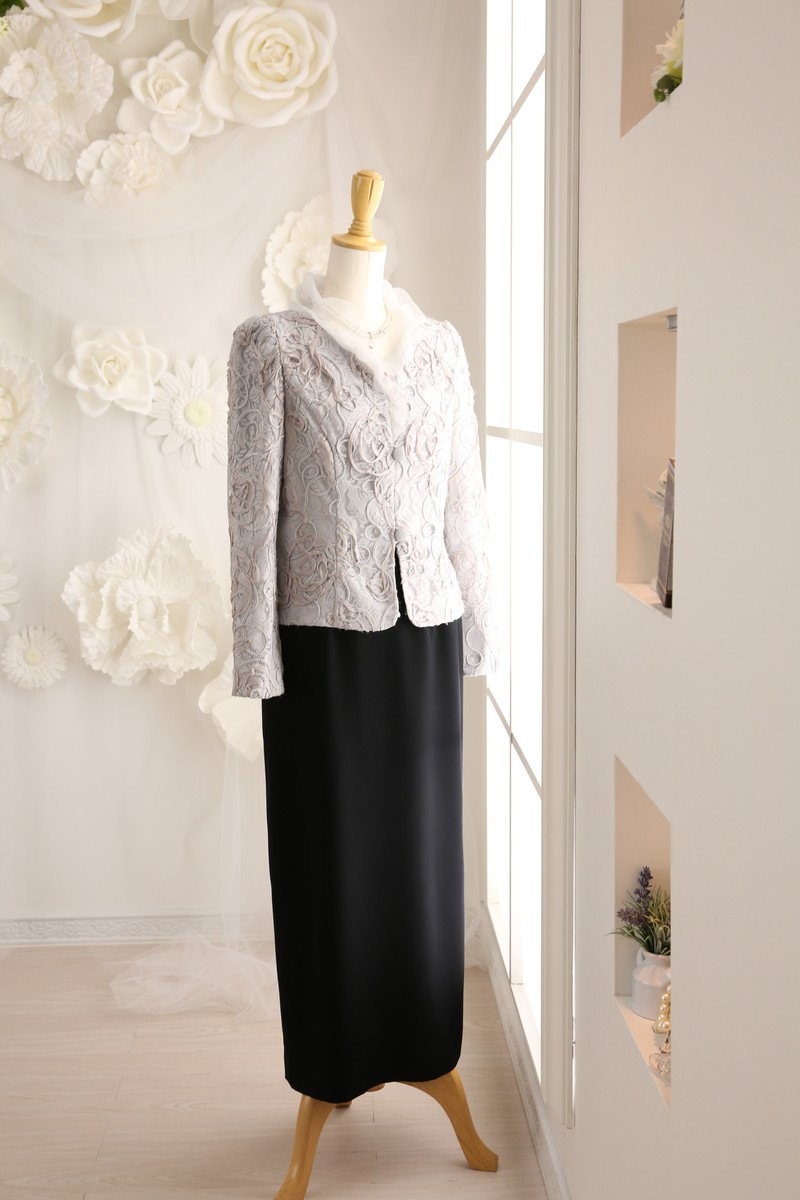 【結婚式パーティーお呼ばれドレスレンタル】結婚式/謝恩会/二次会/シルバー/レース/9号/02-139