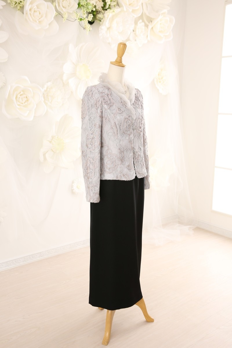 【結婚式パーティーお呼ばれドレスレンタル】結婚式/謝恩会/二次会/シルバー/レース/9号/02-139