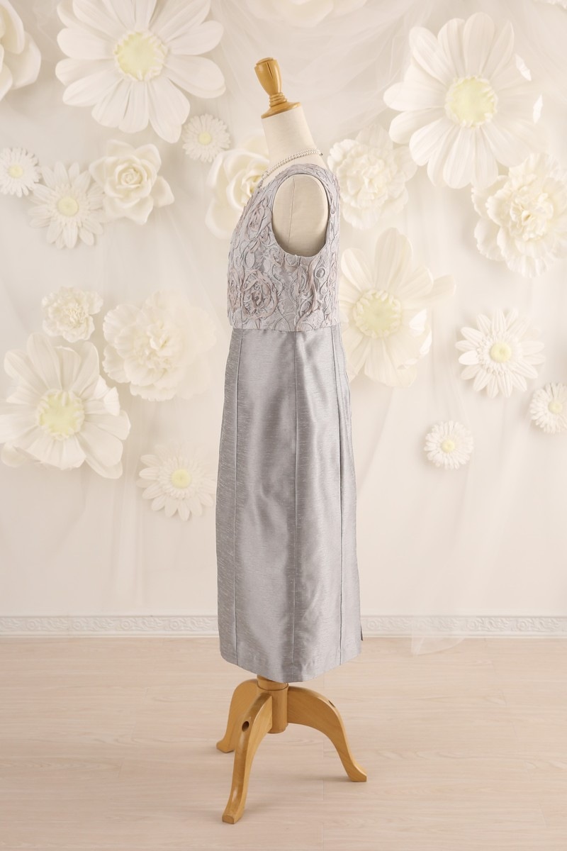 【結婚式パーティーお呼ばれドレスレンタル】結婚式/謝恩会/二次会/シルバー/レース/9号/02-140