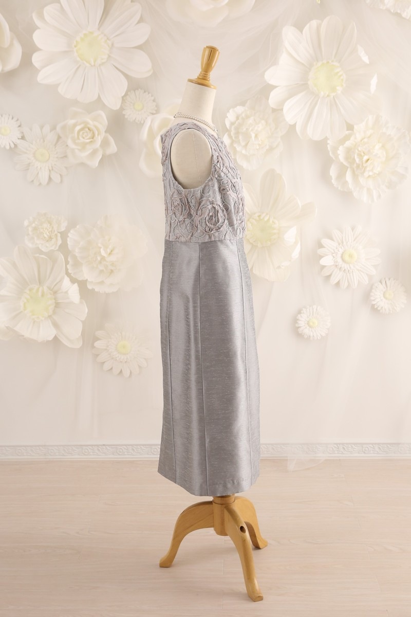 【結婚式パーティーお呼ばれドレスレンタル】結婚式/謝恩会/二次会/シルバー/レース/9号/02-140