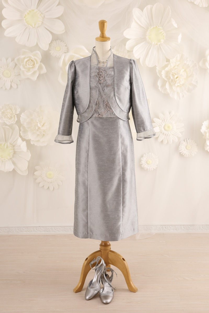 【結婚式パーティーお呼ばれドレスレンタル】結婚式/謝恩会/二次会/シルバー/レース/9号/02-140