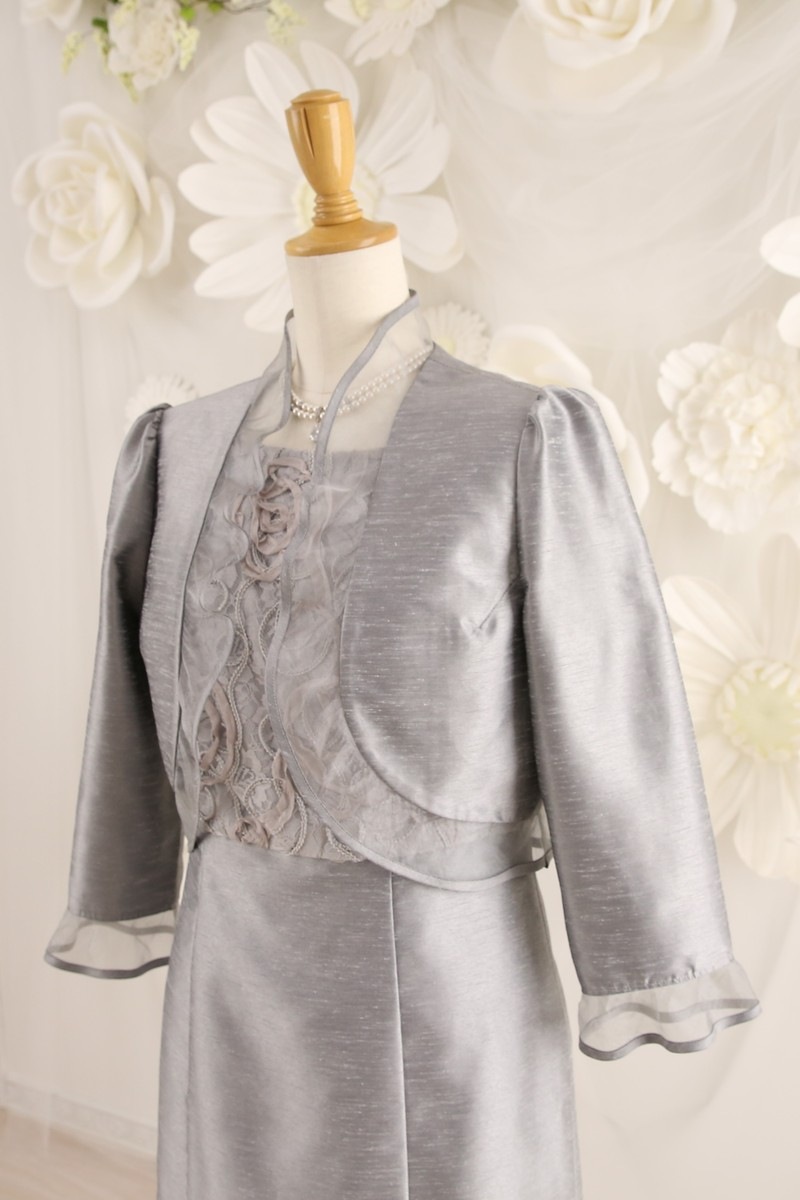 【結婚式パーティーお呼ばれドレスレンタル】結婚式/謝恩会/二次会/シルバー/レース/9号/02-140