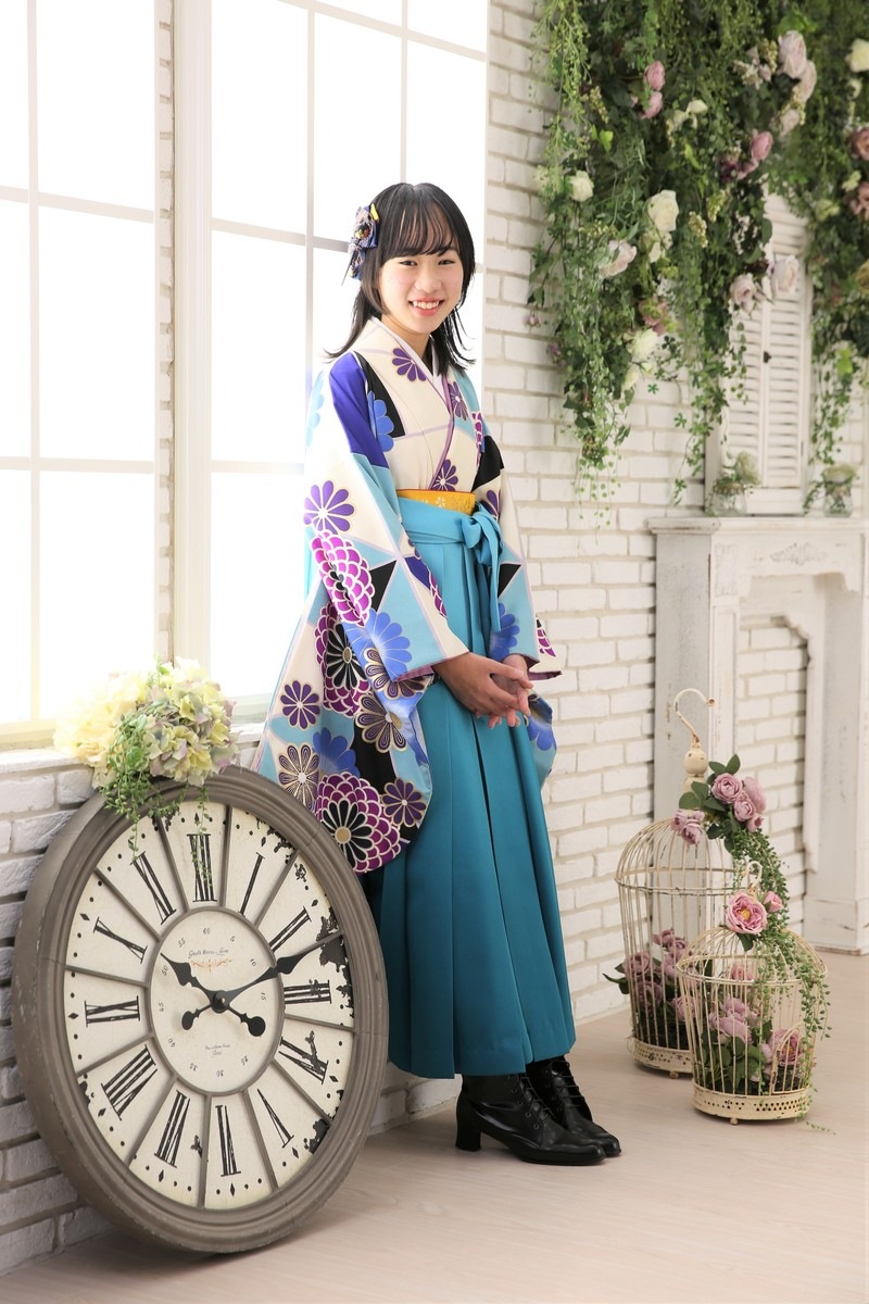 卒業式袴 青着物白柄 水色・紺の卒業式袴一覧 卒業式袴宅配ネットレンタル