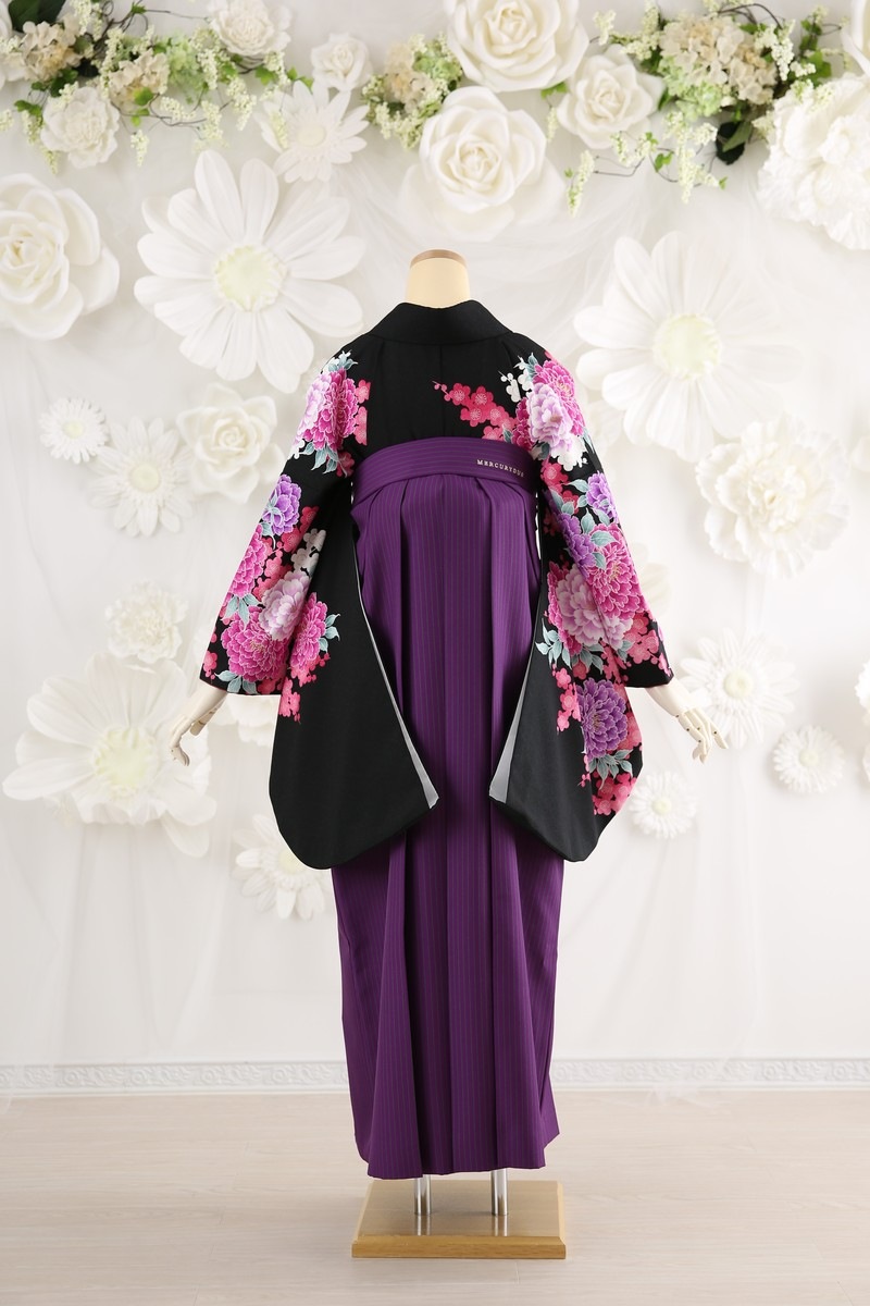 【卒業式袴レンタル/着物レンタル/通販レンタル】　ブランド　マーキュリーデュオ/学生袴/卒業式/小学生袴/かわいい袴/黒/紫/着物-281/袴-180