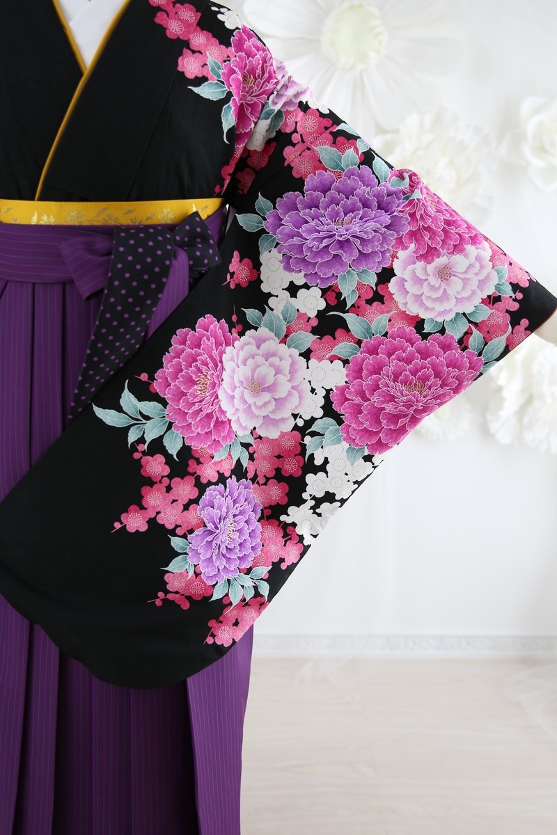 【卒業式袴レンタル/着物レンタル/通販レンタル】　ブランド　マーキュリーデュオ/学生袴/卒業式/小学生袴/かわいい袴/黒/紫/着物-281/袴-180