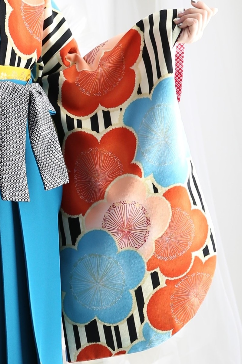 【卒業式袴レンタル/着物レンタル/通販レンタル】　九重/学生袴/先生袴/卒業式/小学生袴/モダン/水色/オレンジ/ターコイズブルー/着物-385/袴-248