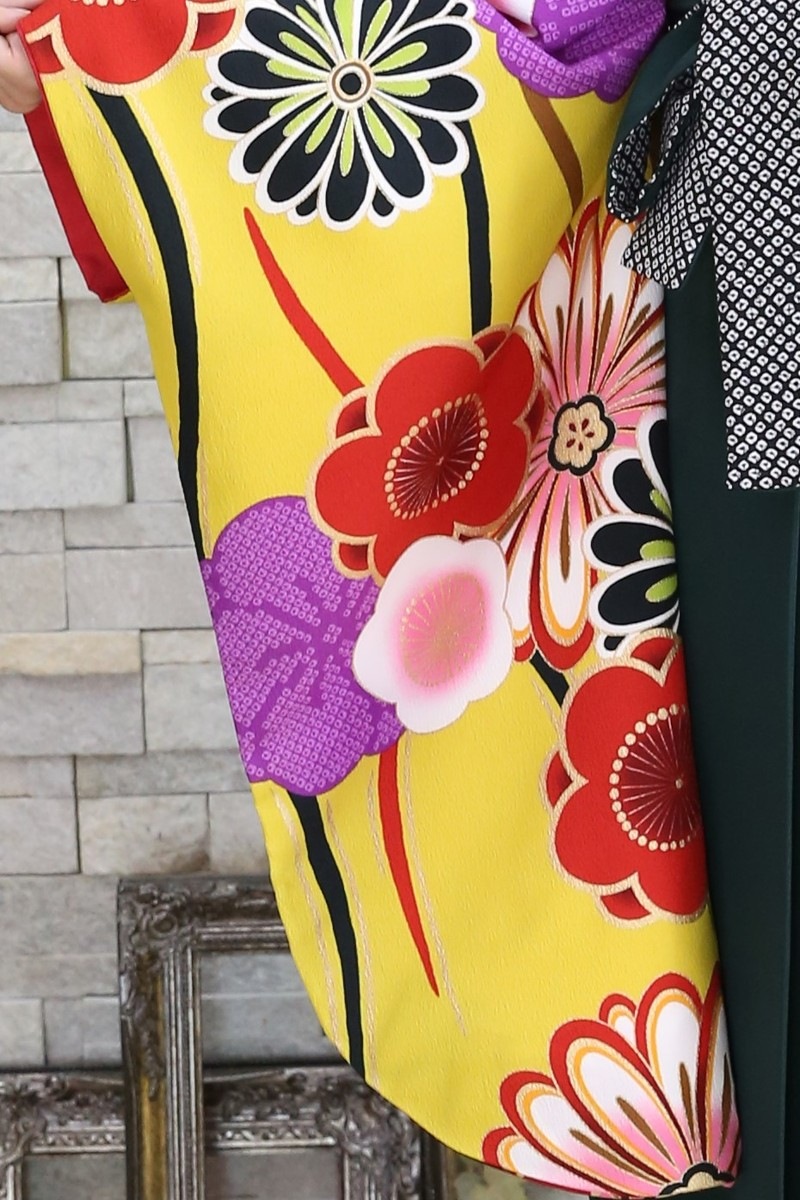 【卒業式袴レンタル/着物レンタル/通販レンタル】　kansai/学生袴/先生袴/卒業式/小学生袴/モダン/黄色/赤/緑/着物-387/袴-249
