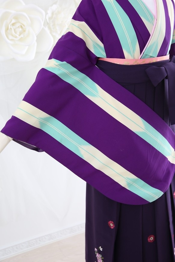 【卒業式袴レンタル/着物レンタル/通販レンタル】　学生袴/卒業式/小学生袴/レトロモダン/紫/白/水色/着物-371/袴-132