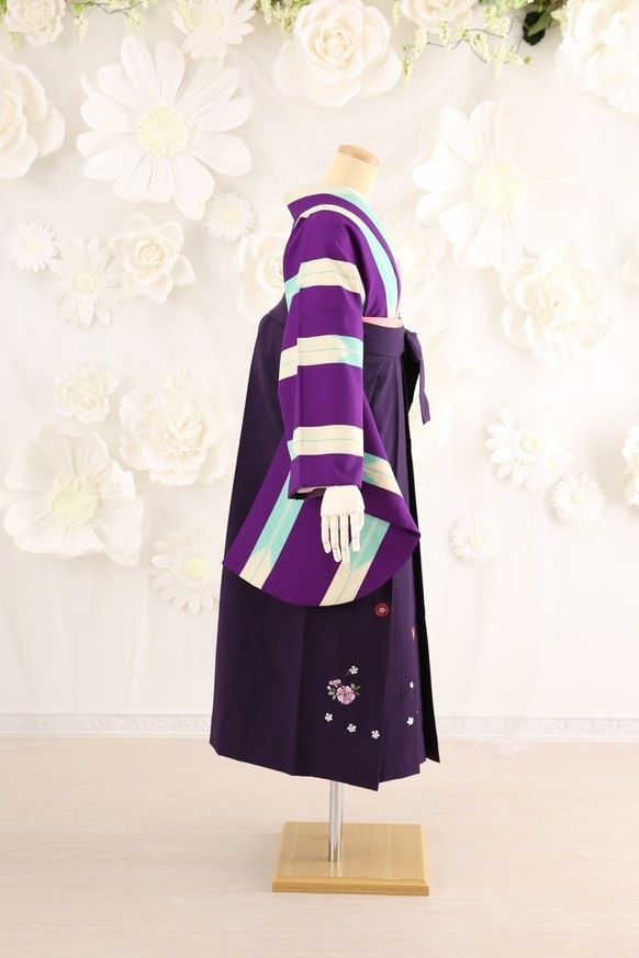 【卒業式袴レンタル/着物レンタル/通販レンタル】　学生袴/卒業式/小学生袴/レトロモダン/紫/白/水色/着物-371/袴-132