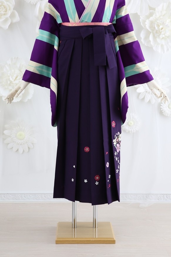【卒業式袴レンタル/着物レンタル/通販レンタル】　学生袴/卒業式/小学生袴/レトロモダン/紫/白/水色/着物-371/袴-132