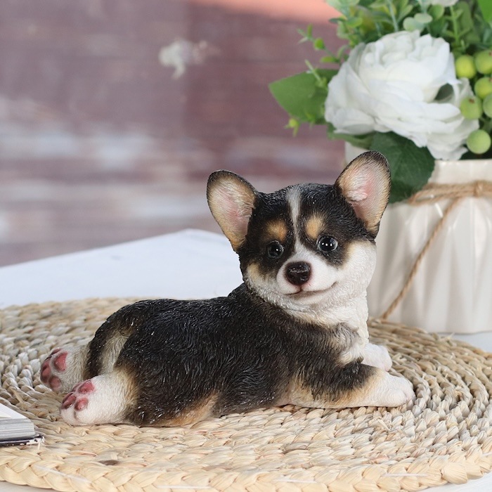 犬 置物 足をのばすウェルシュコーギー ブラック 中 グッズ 横幅17cm