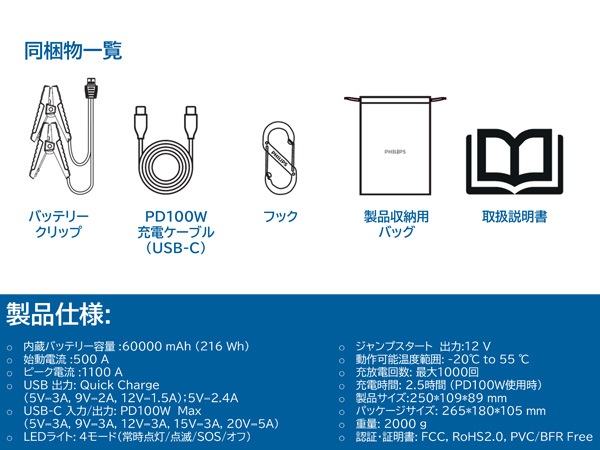 PHILIPS ジャンプスターター 12V車用 JS7310X1 大容量バッテリー