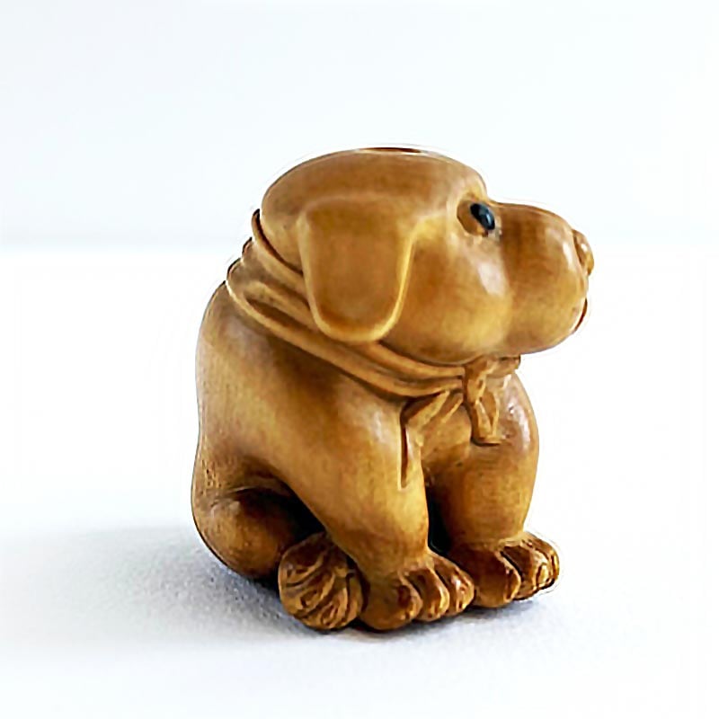 焼物根付　仔犬 仔犬1」 根付ストラップ 帯飾り 柘植（黄楊・つげ） □光斎
