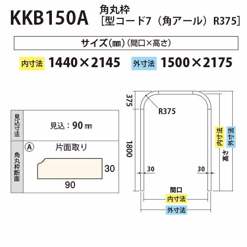 KKB150A：角丸枠 R375 間口1440（見付30・見込90）外寸：1500