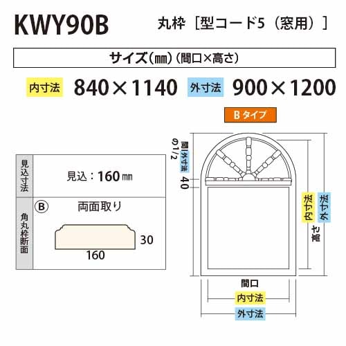 KWY90B：窓用丸枠（矢羽根付） 間口840 外寸：900×1200mm ※B