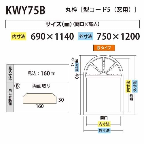 KWY75B：窓用丸枠（矢羽根付） 間口690 外寸：750×1200mm ※Bタイプ