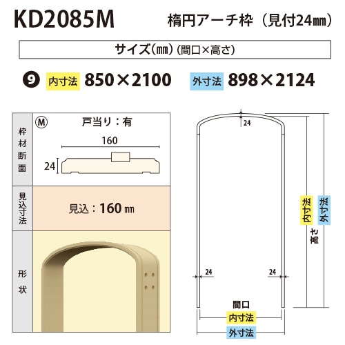 KD2085M：楕円アーチ枠 間口850 戸当り有り（見付24・見込160