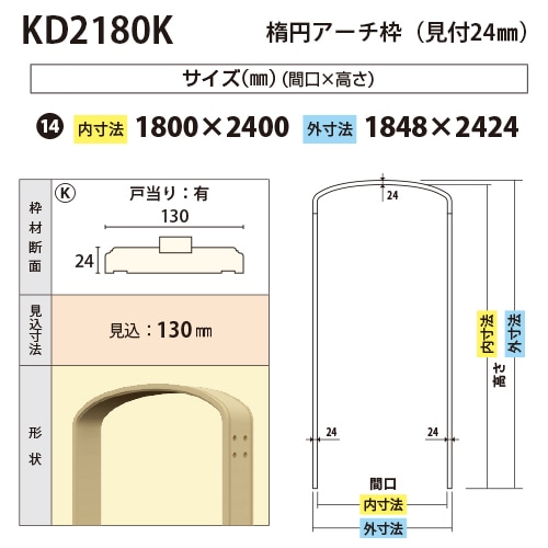 KD2180K：楕円アーチ枠 間口1800 戸当り有り（見付24・見込130