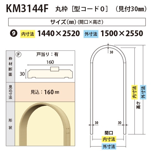 KM3144F：丸枠 間口1440 戸当り有り（見付30・見込160） │ みはしプロ